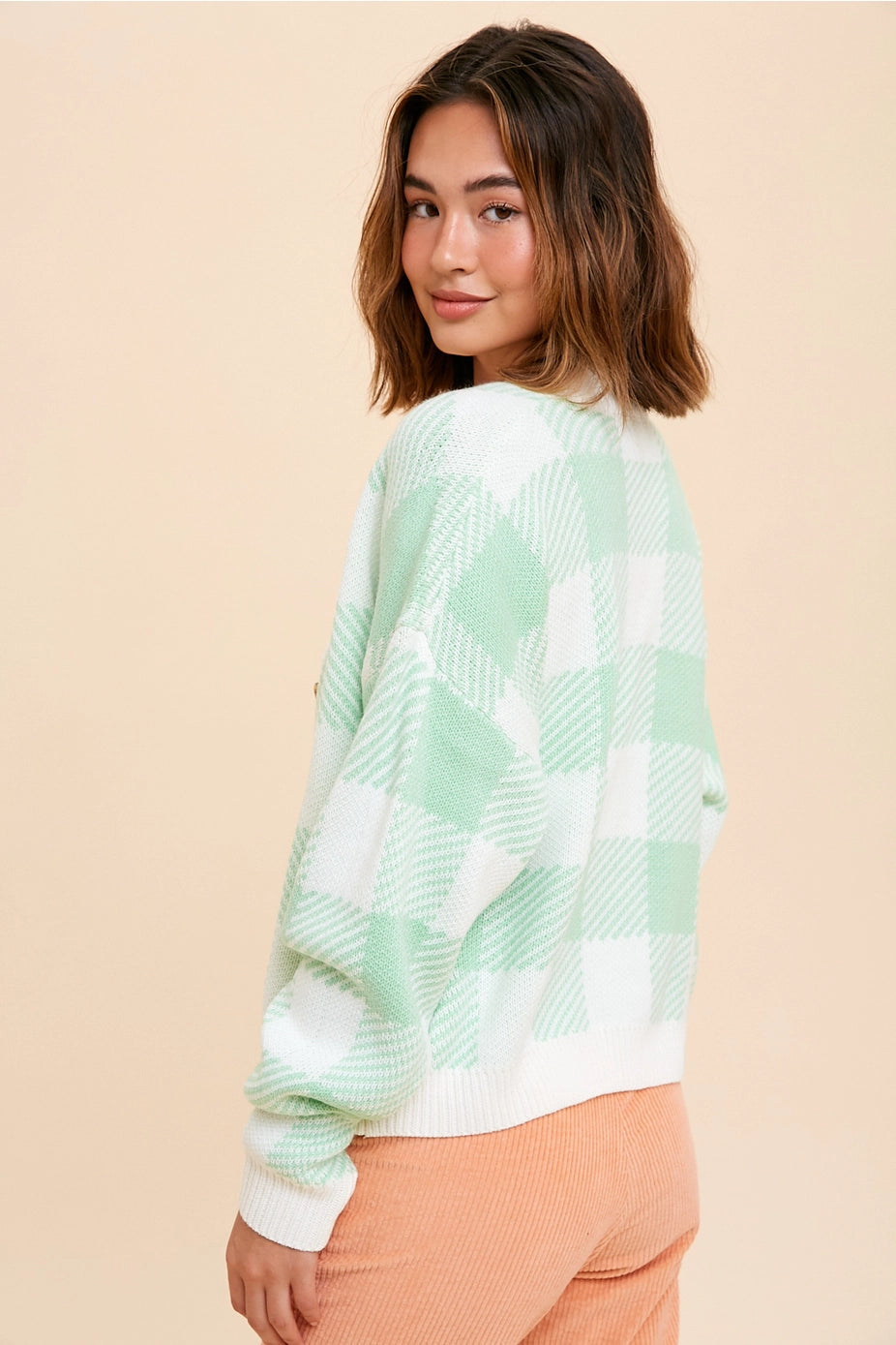 147 Mint Plaid Knit Cardigan