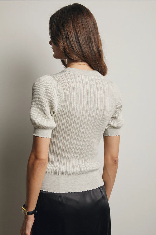 120 Elegant Ribbed Knit Blouse with Puffed Sleeves