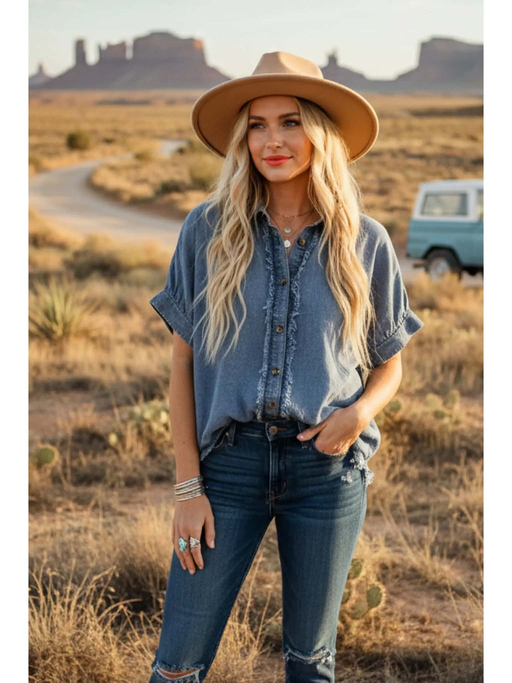 285 Frayed Hem Button Denim Top