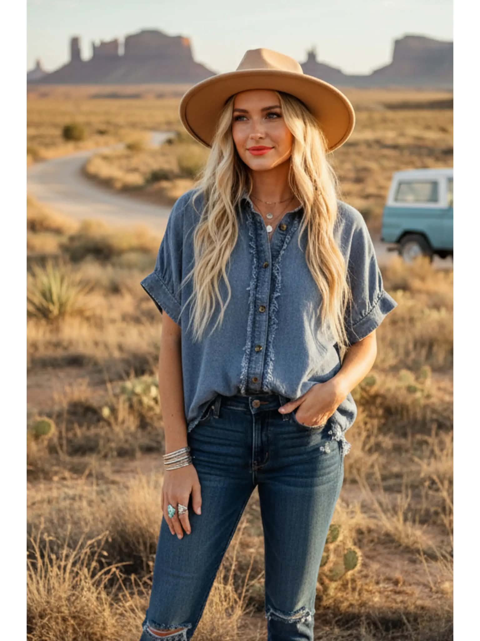285 Frayed Hem Button Denim Top