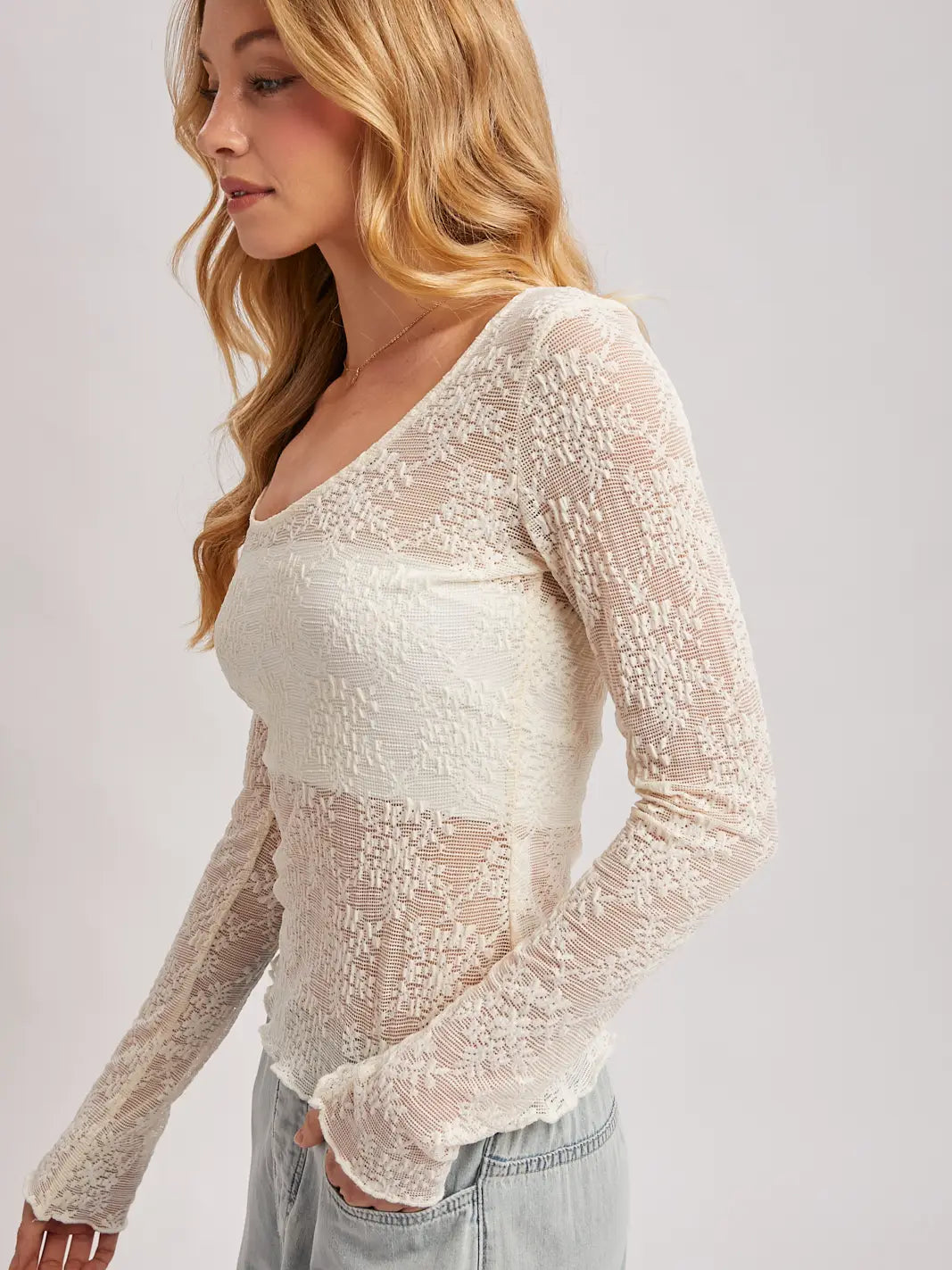 195 Long Sleeve Sheer Lace Top