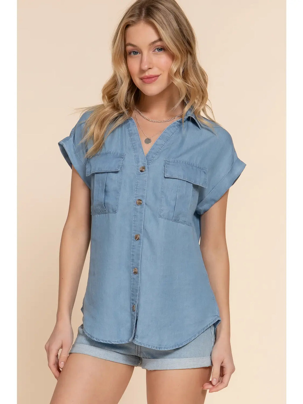 Dolman Short Sleeve Button Down Tencel Shirt 249