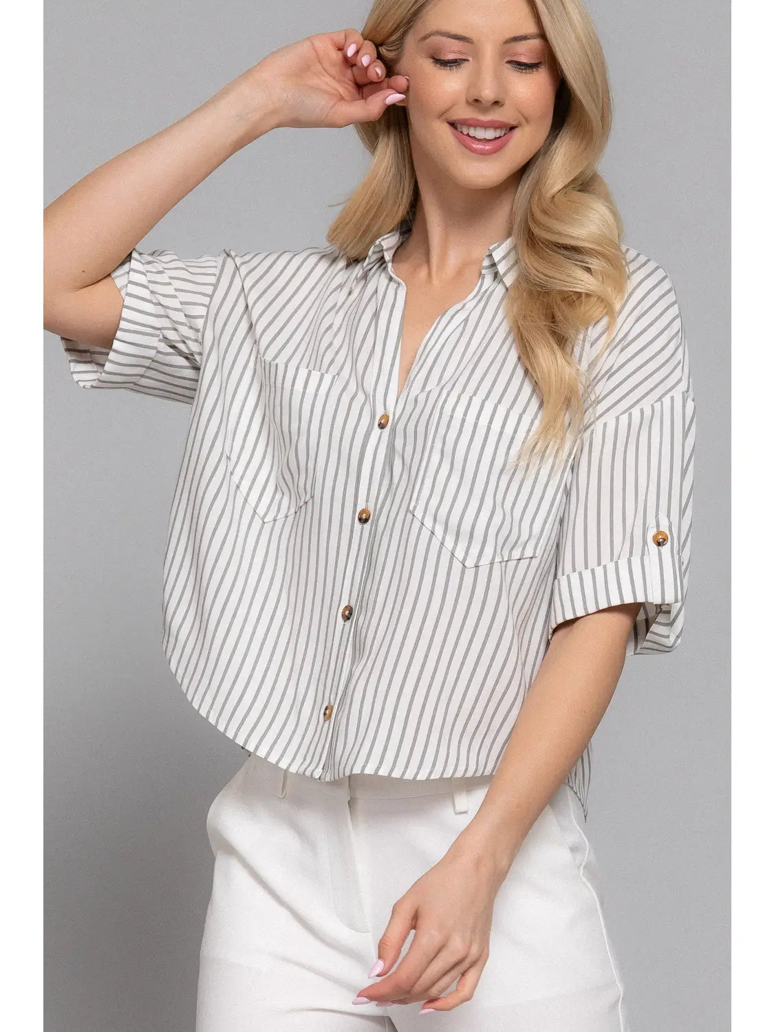 190 Striped Button Up Collared Top