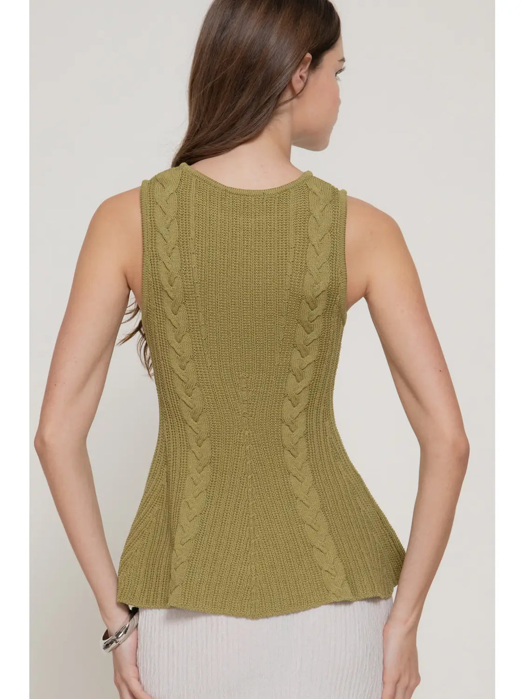 187 Sleeveless Crew Neck Cable Knit Peplum Top