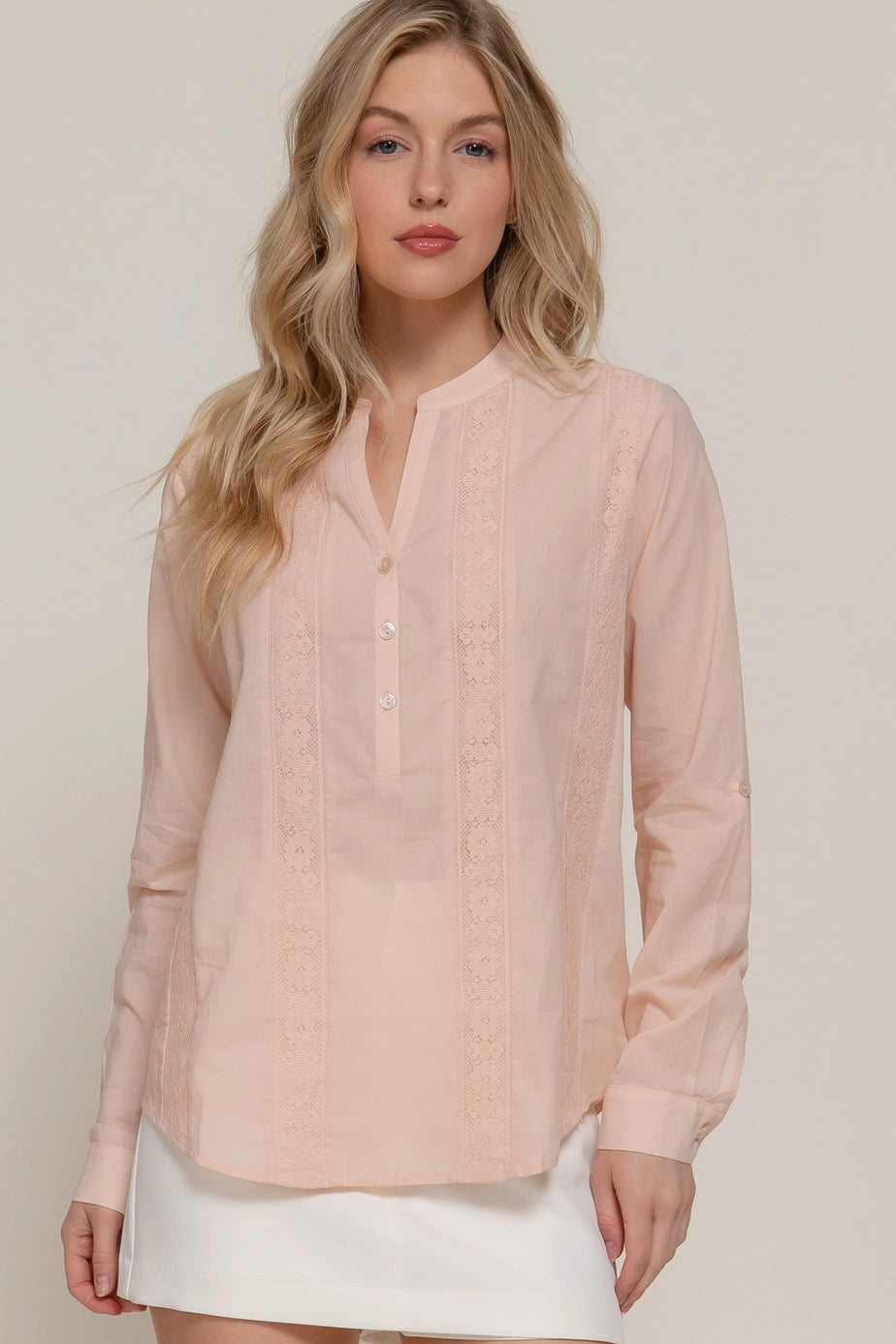 92 Elegant Lace Panel Woven Blouse