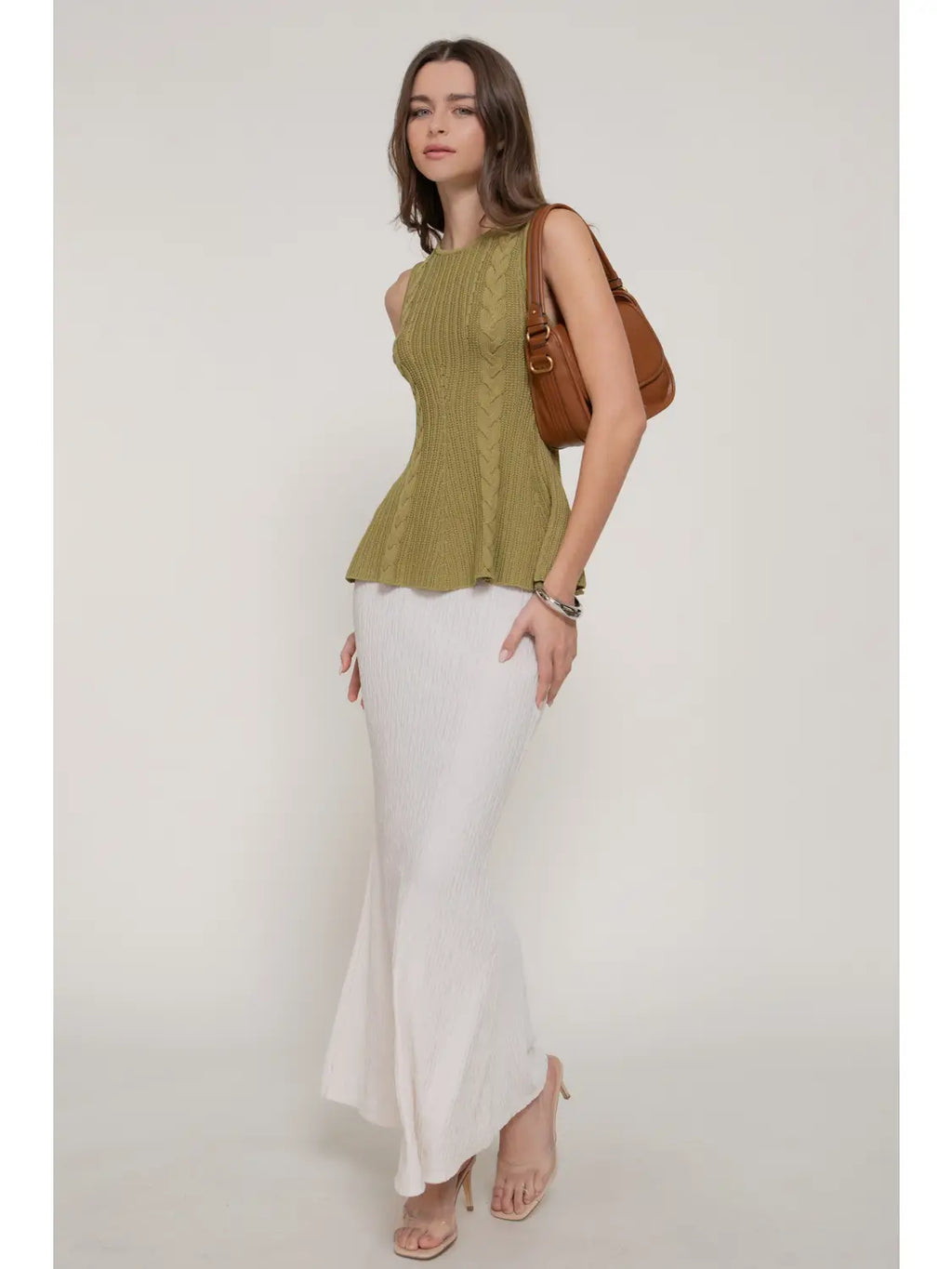 187 Sleeveless Crew Neck Cable Knit Peplum Top
