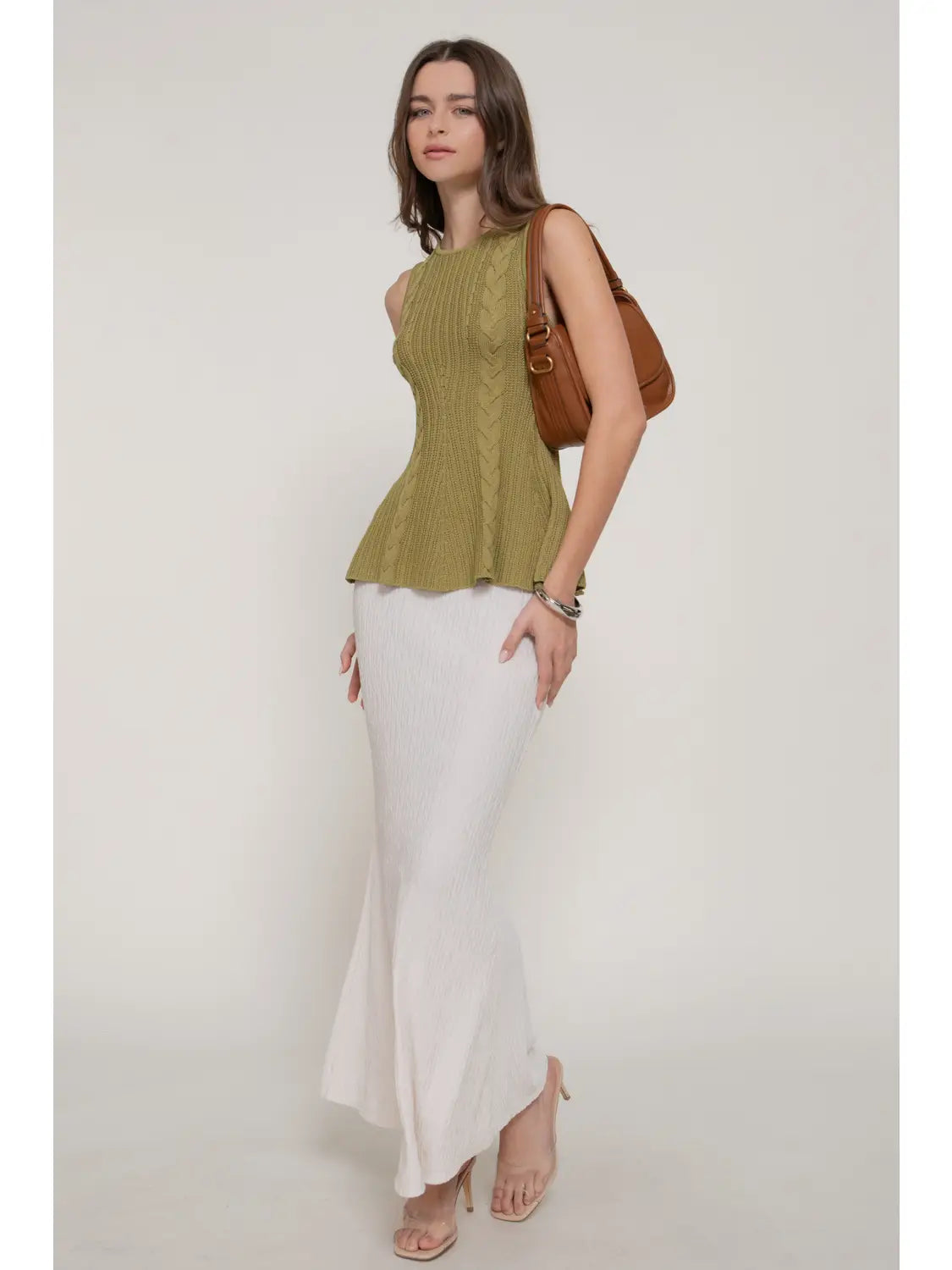 187 Sleeveless Crew Neck Cable Knit Peplum Top