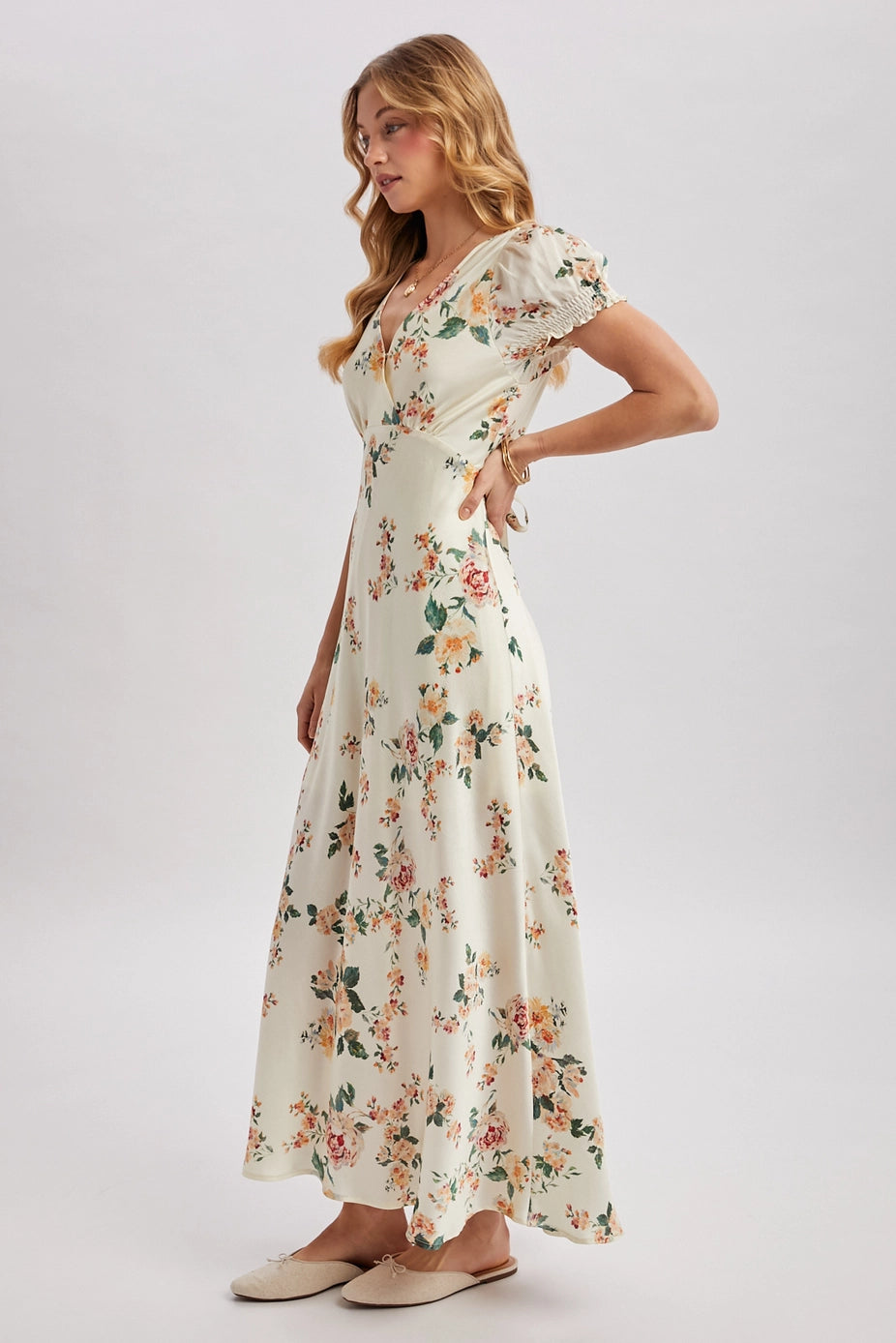 159 Floral Print V Neck Maxi Dress