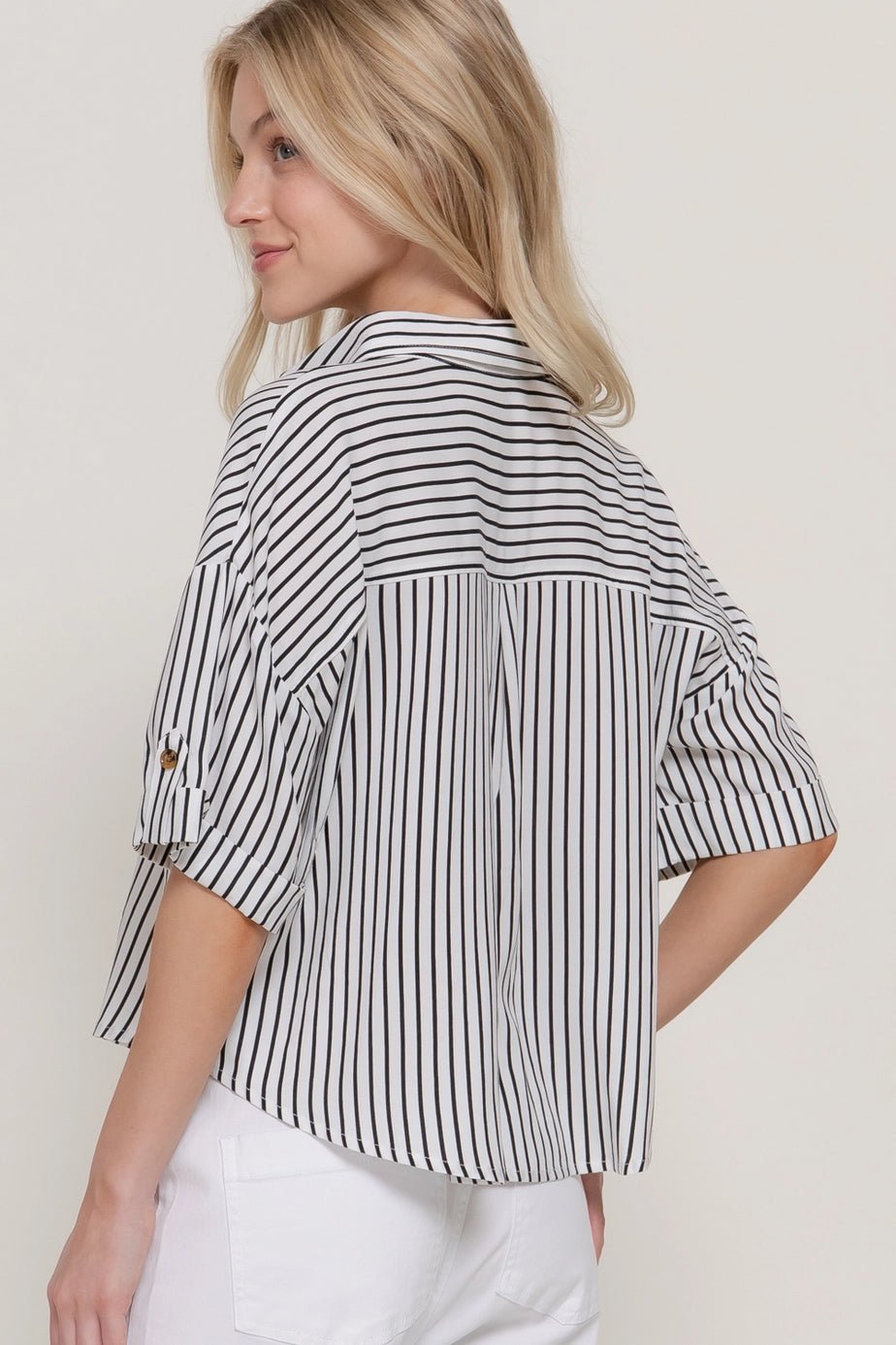 190 Striped Button Up Collared Top