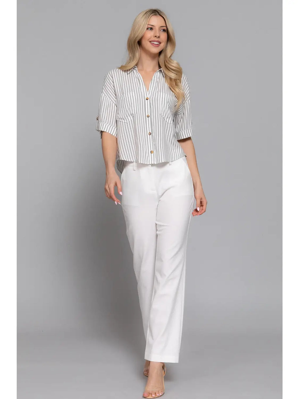 190 Striped Button Up Collared Top