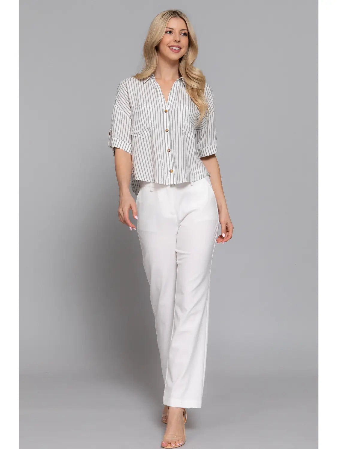 190 Striped Button Up Collared Top