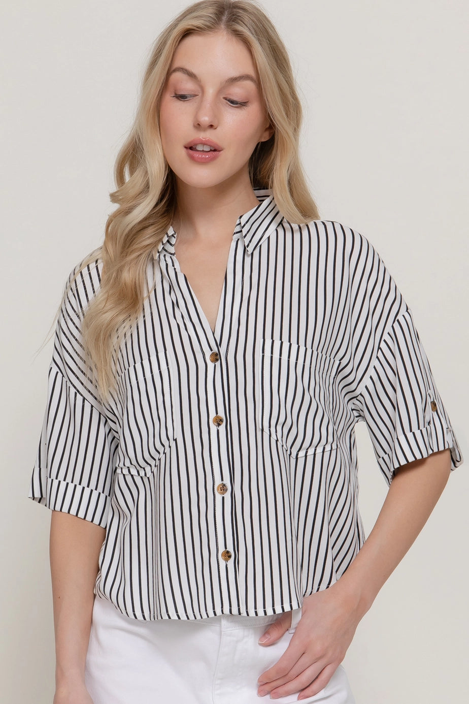190 Striped Button Up Collared Top