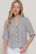 190 Striped Button Up Collared Top