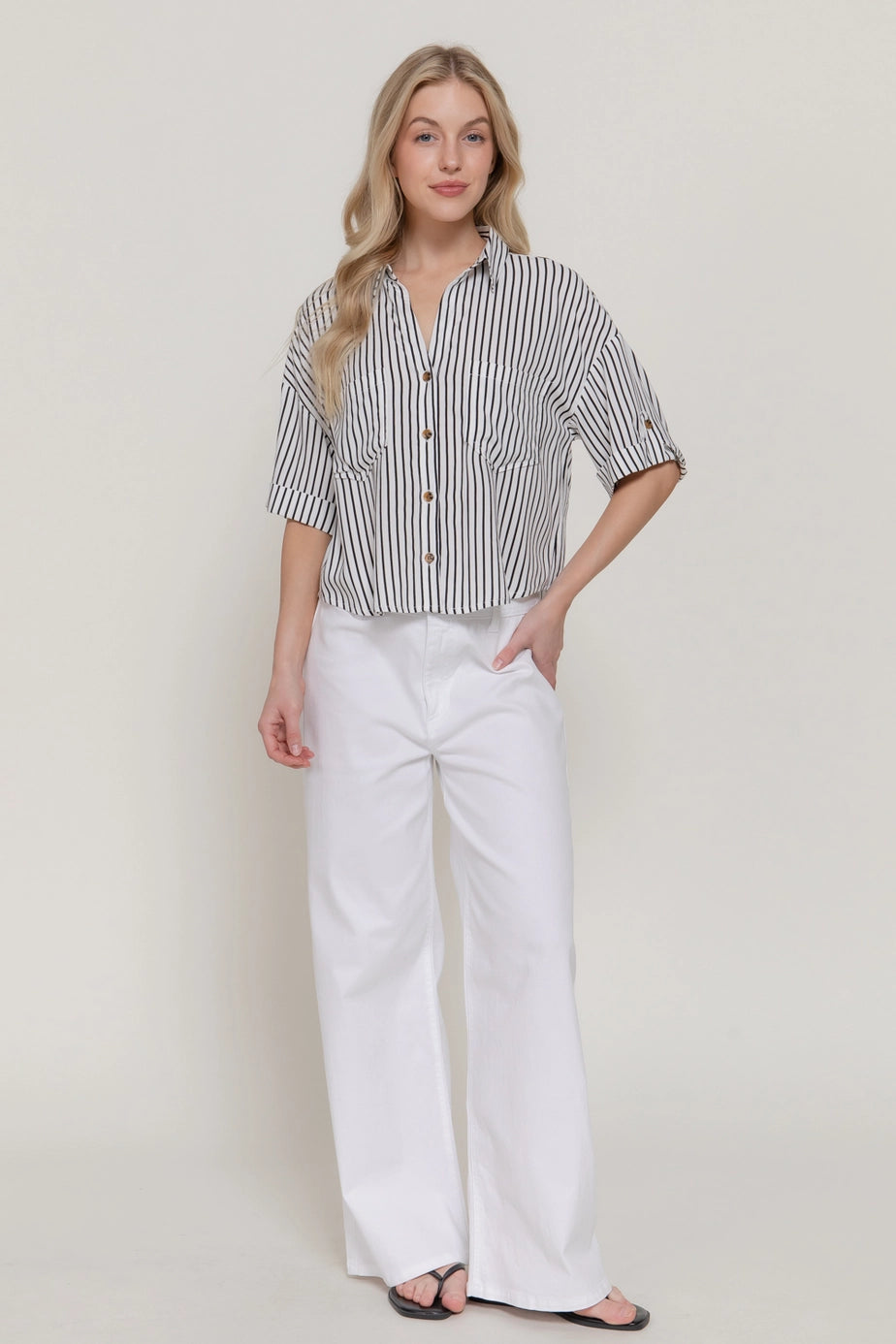190 Striped Button Up Collared Top