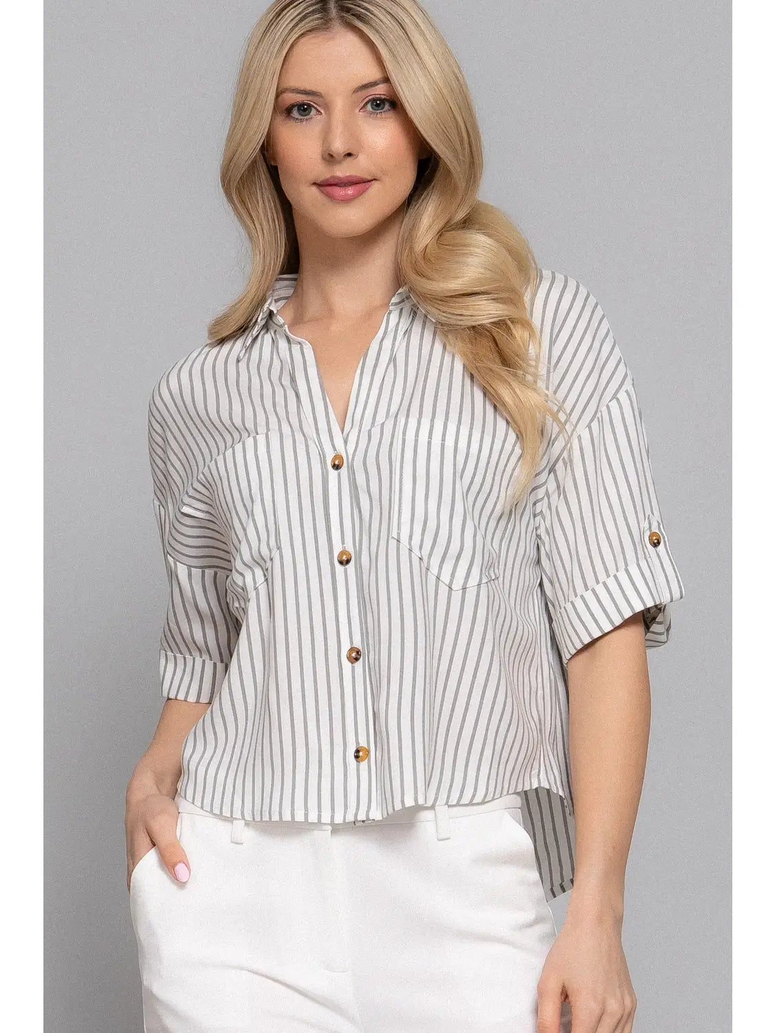 190 Striped Button Up Collared Top