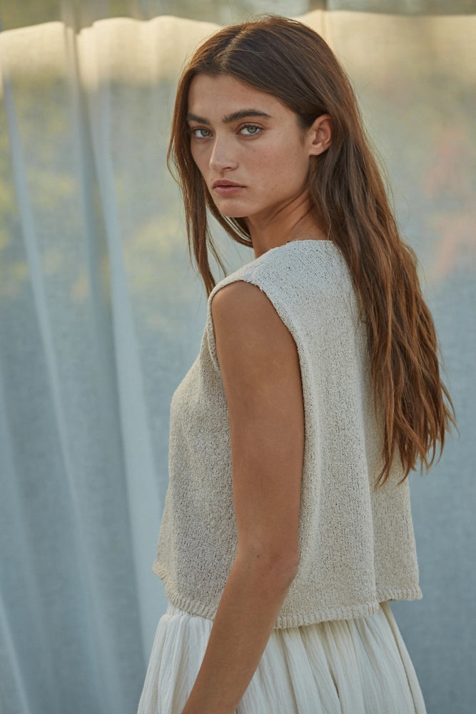 204 Crew Neck Sleeveless Knit Tank in Beige