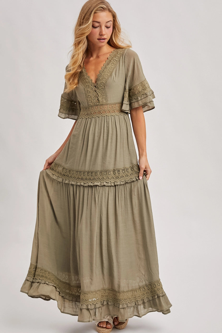 162 V-Neck Lace Trim Maxi Dress